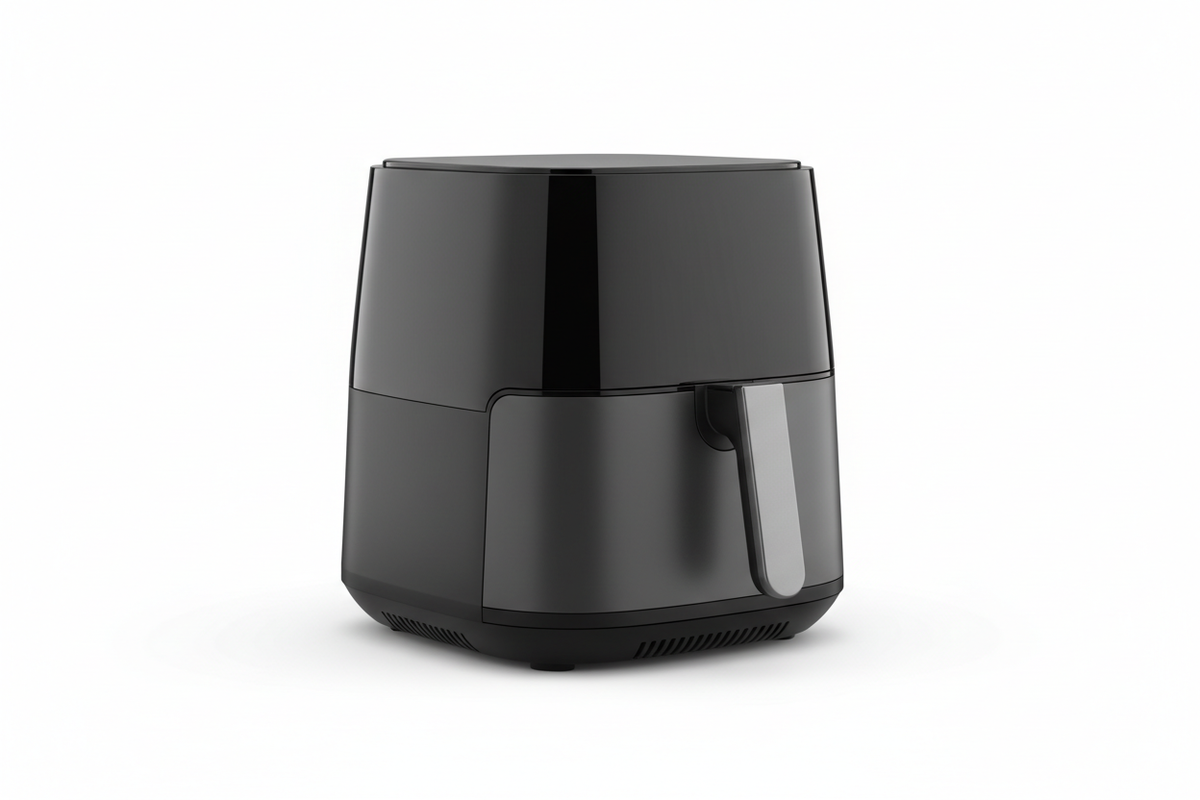 Create a modern, minimalist image for a category section featuring a premium airfryer , using a clean black, white, and dark gray color palette, soft professional lighting, subtle shadows, no text, and a high-end product photography style.