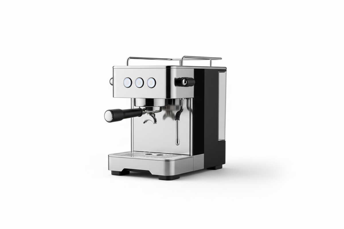 Create a modern, minimalist image for a category section featuring a premium espresso machine, using a clean black, white background, soft professional lighting, subtle shadows, no text, and a high-end product photography style.