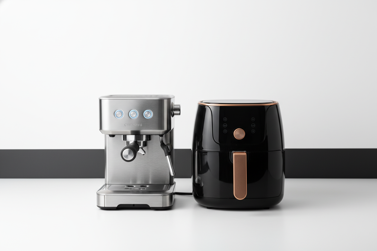 Create a modern, premium slideshow image for a kitchen appliance store featuring an espresso machine and an air fryer.

Use a clean, minimalist composition with a white or very light background and dark accents. Place a sleek espresso machine and a modern air fryer side by side, well-lit, with soft shadows and a high-end product photography style.

The design should feel modern, elegant, and premium, similar to high-end appliance brands. Avoid clutter, props, or excessive decorations. Focus on the products 