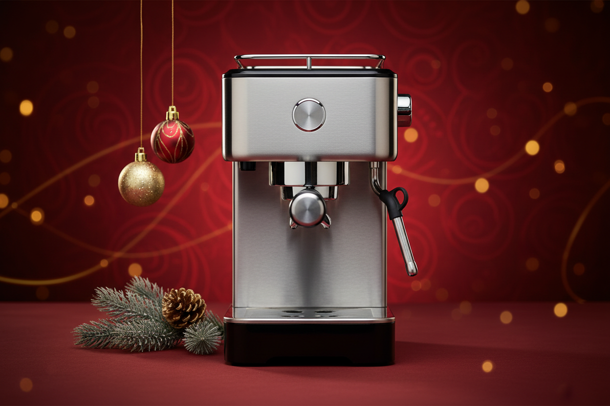 Create a premium Christmas cover image featuring a modern espresso machine as the main focus. Use a rich red background with elegant holiday tones, soft lighting, and subtle festive accents such as gentle highlights or minimal seasonal decor. The style should feel luxurious, modern, and refined, not cartoonish. Keep the composition clean and uncluttered, with no text in the image, suitable for a holiday hero or feature section.